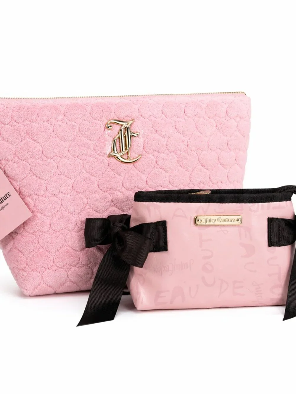 NWT JUICY Couture 2-Pc Travel Cosmetic Makeup Bags Pink Velour Hearts